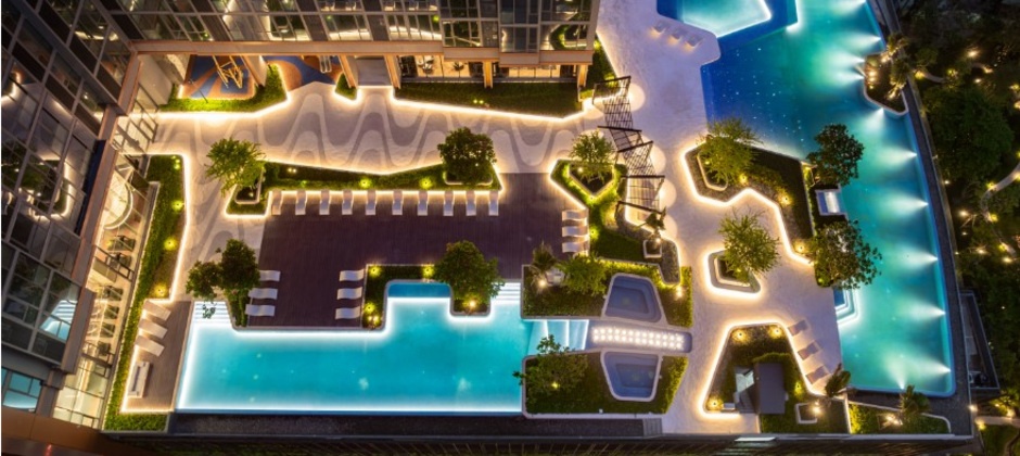 Aerial view of the pool deck at night